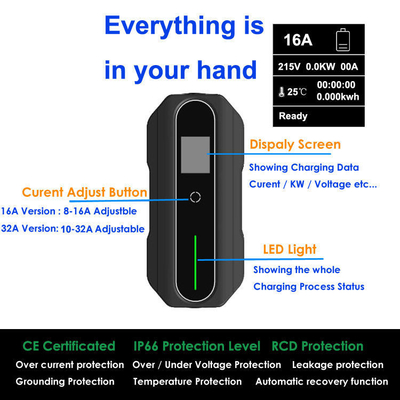 Estação de carregamento de baterias de automóveis elétricos Carregador de veículos elétricos portátil Modo 2 IEC 62196 AC rápido 8A-16A