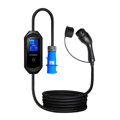 Exibição LCD Carregador EV portátil tipo 2 de 7 kW com conector azul CEE e corrente ajustável