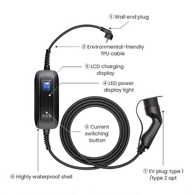 6A-16A Carregador EV portátil de corrente nominal perfeito para carregamento em casa e em movimento